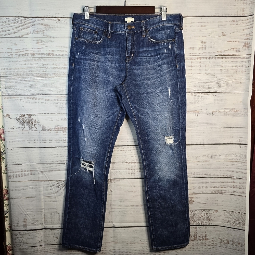 J.Crew Women’s Distressed Blue Denim Jeans – Ripped Knee‎ Straight Leg Size 29